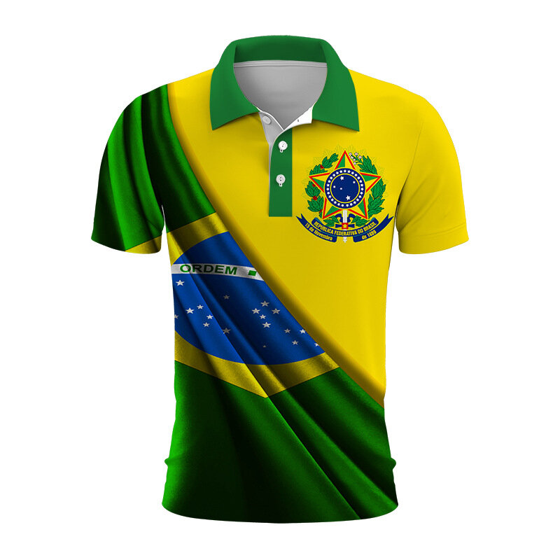 Col boutonné imprimé en 3D pour hommes, emblème national du Brésil, polo décontracté, manches courtes, tendance estivale, vêtements pour hommes