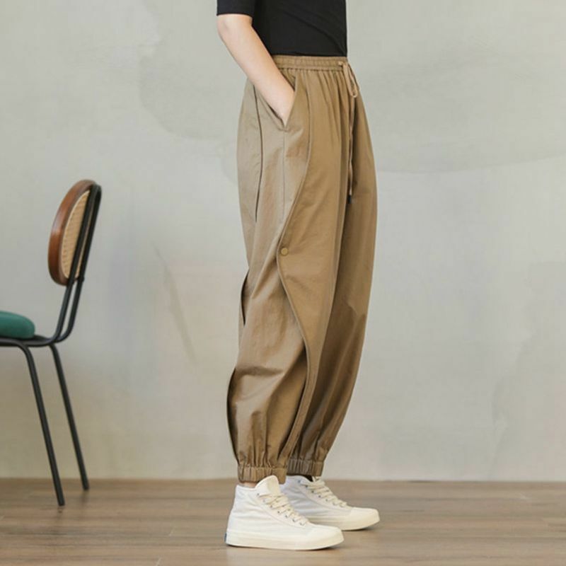 Women's Spring Summer New Fashion Solid Elastic High Waist Drawstring Spliced Button Loose Straight Safari Style Casual Pants
