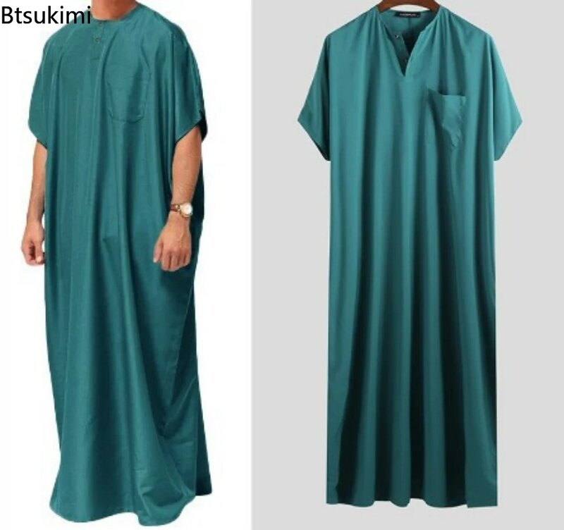 New 2024 Men Islamic Arabic Kaftan Vintage Solid Short Sleeve Loose Retro Robes Abaya Dubai Middle East Muslim Clothing S-5XL