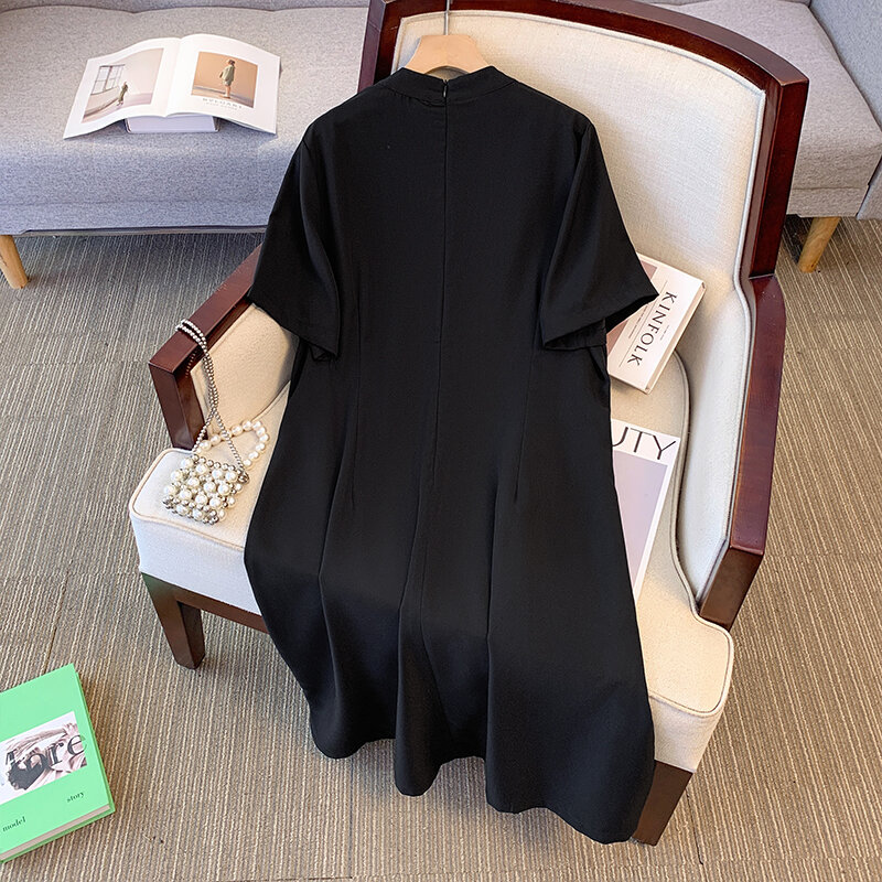 Plus Size Damen Sommer Freizeit kleid chinesischen Stil modifiziert Cheong sam Tablett Schnalle Dekoration Schlitz Saum schwarz Polyester Stoff