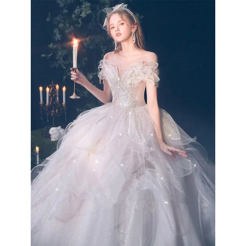 Vestido De boda De perlas De lujo para mujer, vestido De novia con lentejuelas, sin hombros, con purpurina, 2023