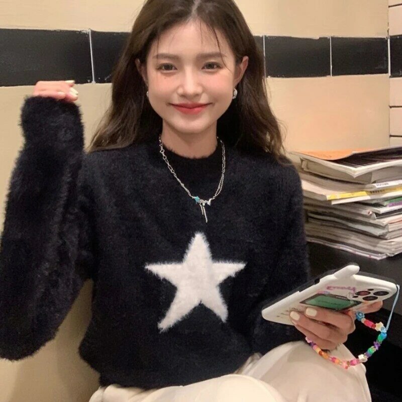 Swetry damskie O-neck Crop czarne swetry koreański projektant mody dziewczęce nastolatki Streetwear osobiste zimowe podstawy Knit Свитер