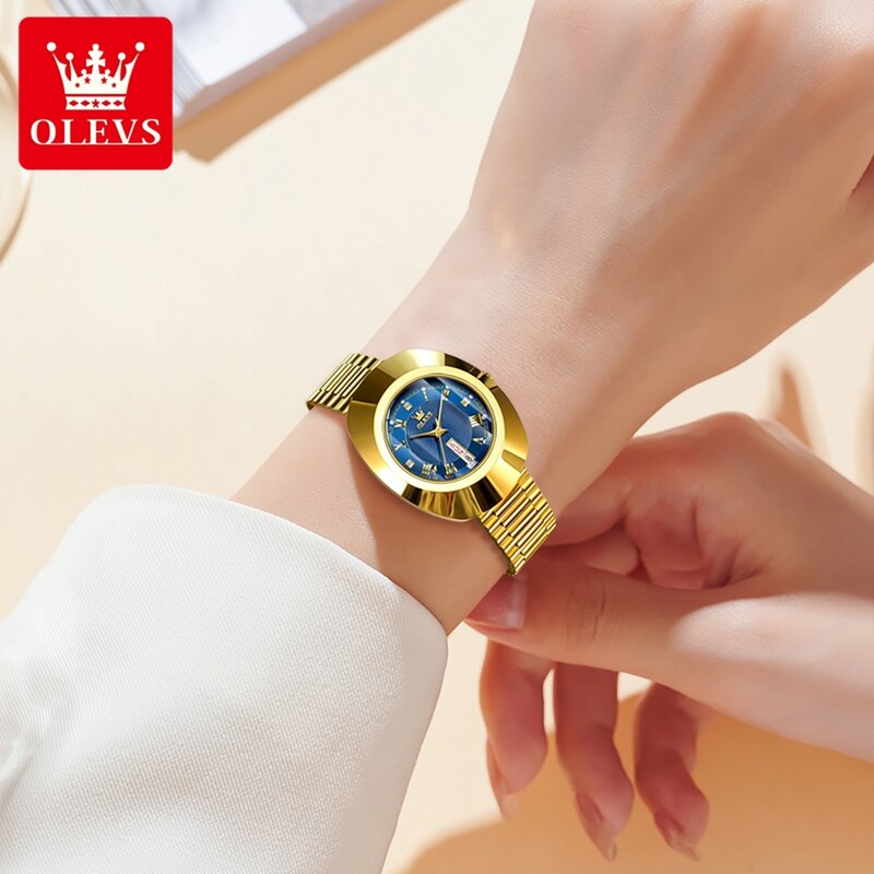 OLEVS jam tangan kuarsa emas untuk wanita, arloji emas casing baja Tungsten elegan modis tahan air, jam tangan mewah asli untuk wanita