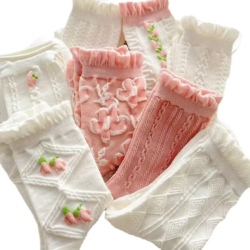 1Pair Harajuku JK Girl Lolita White Socks Cherry Blossom Floral Print Sock Breathable Casual Cotton Daily Women Middle Tube Sock