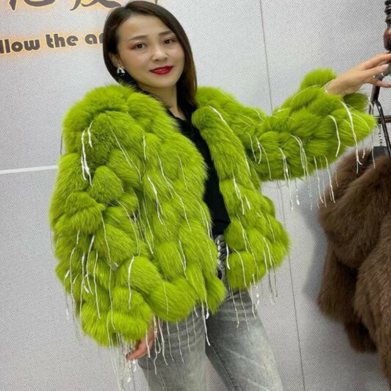 Natural Fox Fur Coat With Tassels Fashion winter Warm fur coat women CoatsReal Fox Fur jackets fur coatThick Jackets