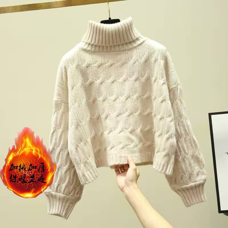 여성용 두꺼운 하이넥 스웨터, 튀김 반죽 꼬임 실, 부드러운 랜턴 소매, 부드럽고 단단한 겨울 상의, 한국 패션