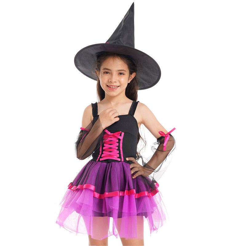 Gaun Cosplay Penyihir Pesta Tema Halloween Anak Perempuan 2-5Y dengan Sarung Tangan Topi Runcing Kostum Berdandan Penyihir Karnaval Masquerade