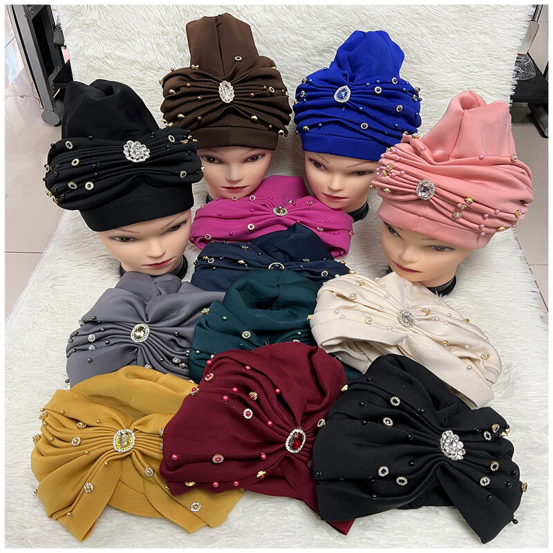Grosir Order Fashion Twisted Turban Hats wanita topi manik-manik untuk India topi syal ikat kepala gadis aksesoris rambut wanita