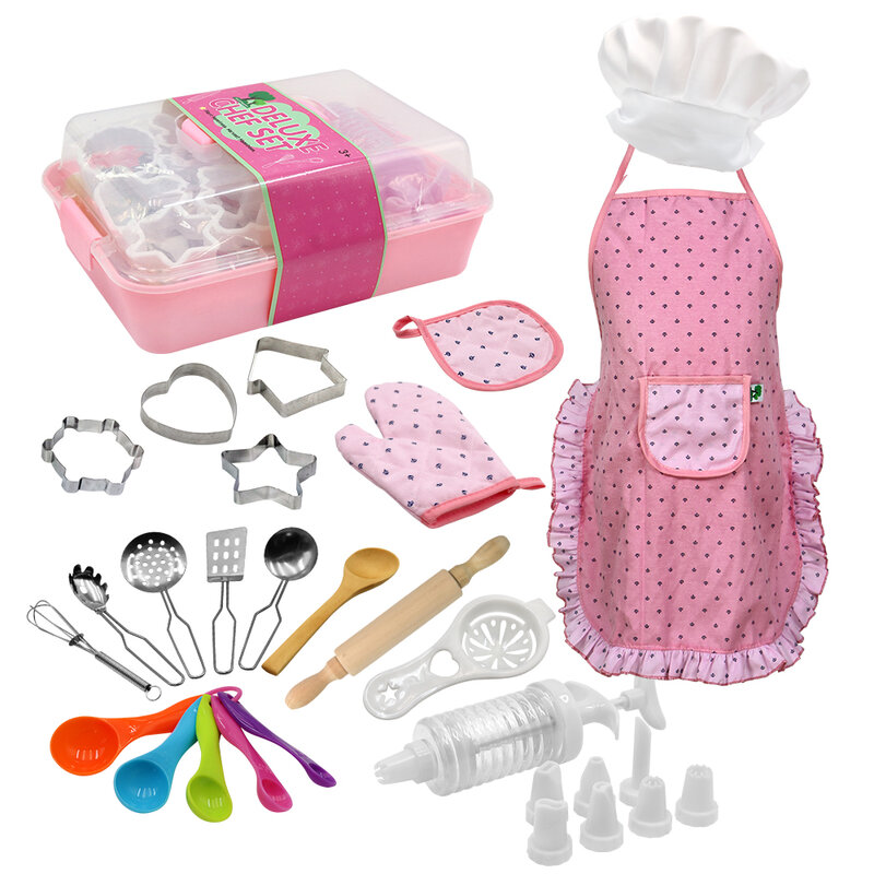 Children's Kitchen Set -18 piece Set Lncludes Apron Mitt Cooking And Baking Tools - Kids Role Play Kit Toy