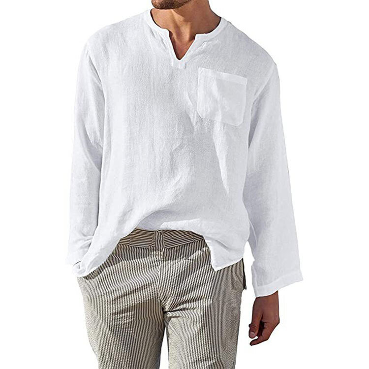 Camisa de manga larga para hombre, camisa holgada informal de color sólido juvenil, de algodón y lino blanco, verano, 2022
