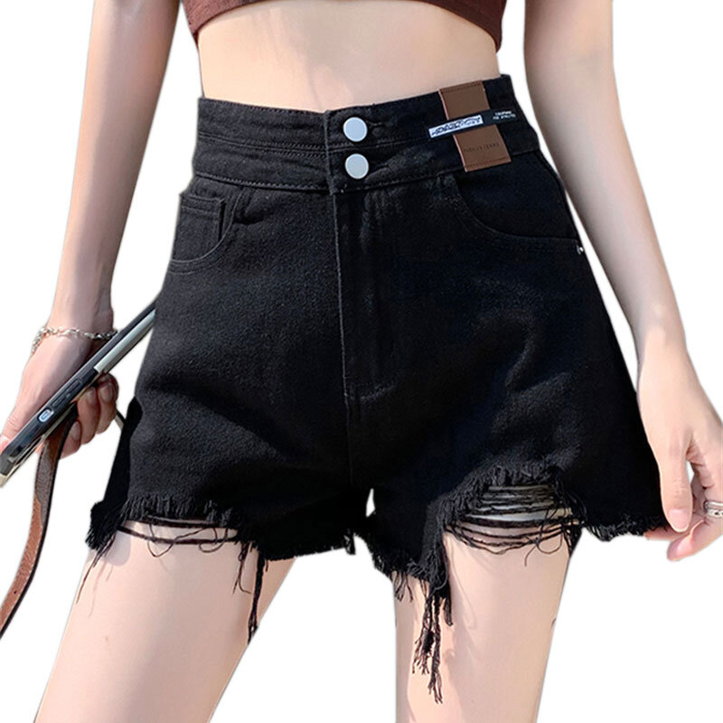 Pantalones cortos vaqueros de doble botón para mujer, diseño suelto de cintura alta, arpillera negra versátil, pierna ancha, rotos, a-word