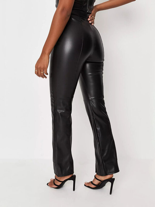 Pantalon en Faux cuir pour femmes, fendu, taille haute, fermeture éclair, Streetwear, tenue de bureau, automne, 2022