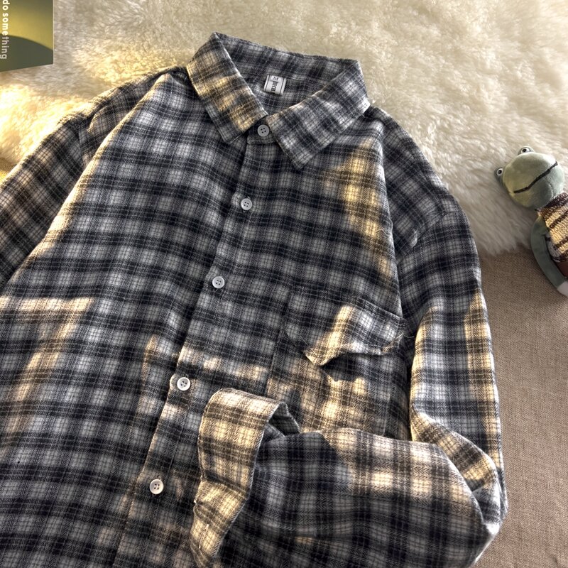 남성용 긴팔 셔츠, 캐주얼 루즈 포켓 의류, 거부 칼라, 격자 무늬 상의 셔츠, M27 블라우스, 2023 용수철 가을