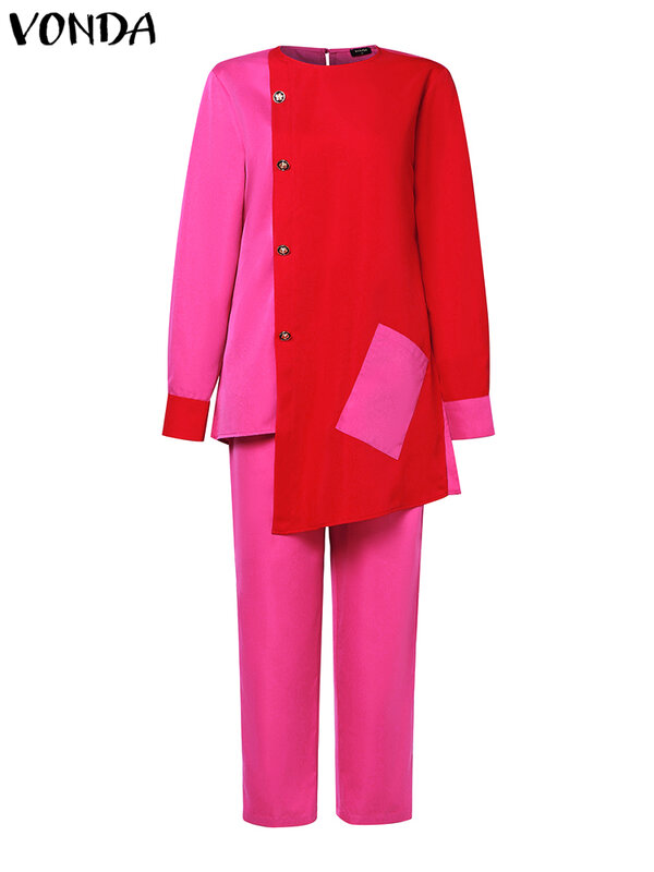 Vonda-Top feminino de retalhos assimétrico manga comprida e calça comprida, conjuntos boêmios, ternos elegantes, plus size, moda casual