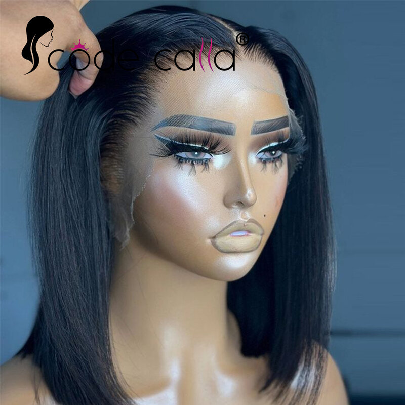 Pelucas de cabello humano brasileño prearrancado para mujeres negras, pelo corto recto Remy, parte en T, encaje Frontal transparente, 13x4