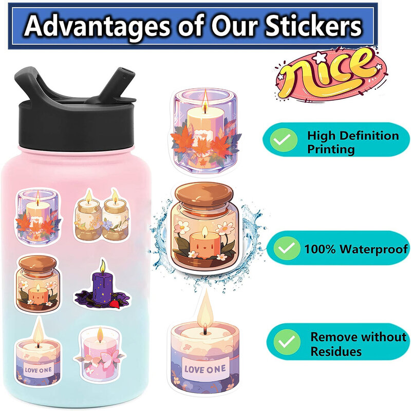 50PCS Cartoon Candle Colorful PVC Sticker Aesthetic Decoration Scrapbooking Korean Stationery School Supplies for Kids