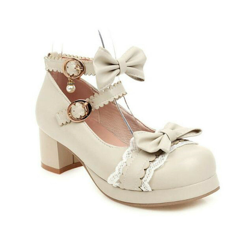 Zapatos de cuero de Size30-43Girls para mujer, calzado de princesa con lazo, volantes, dulce Lolita, vestido de fiesta de boda, Cosplay, tacones altos