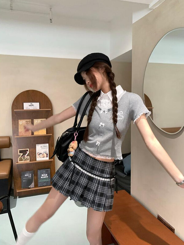 ADAgirl Harajuku Plaid Pleated Skirts for Women Kawaii Lace Mini Skirt with Bow Preppy Style Korean Fashion Uniform Clothes Chic