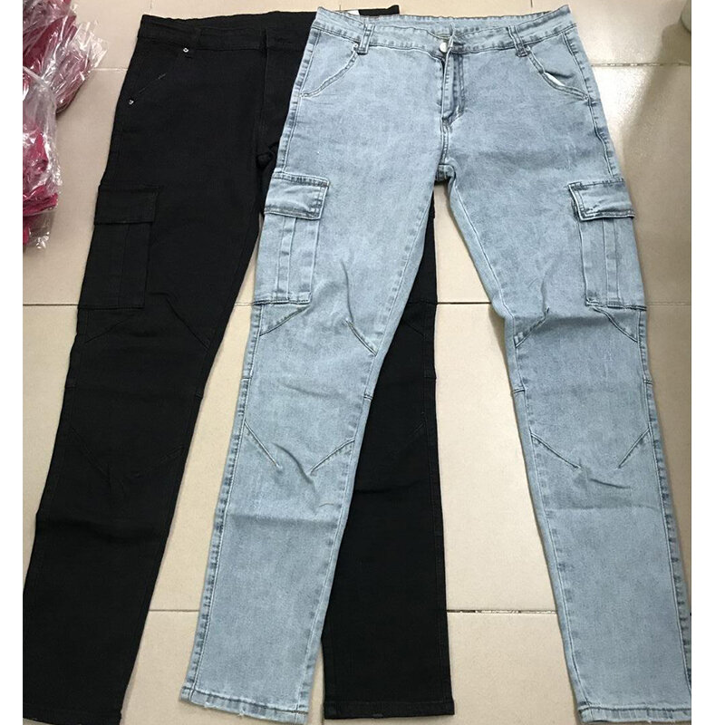Dżinsy męskie spodnie umyć jednolity kolor wiele kieszeni Denim średnio wysoka talia dżinsy Cargo Plus rozmiar Fahsion spodnie typu Casual mężczyzna odzież na co dzień