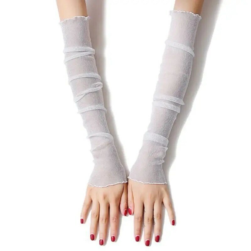 Women Girls Ultra-Thin Sheer Glitter Mesh Long Lace Gloves Metallic Soli