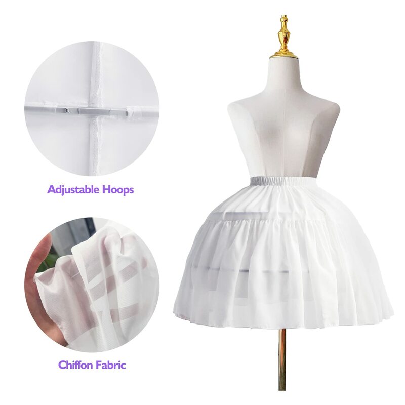 Lolita Crinoline Petticoat para mulheres e meninas, vestido de baile chiffon, saia curta de 2 aros para cosplay, vestido Big Hem, branco