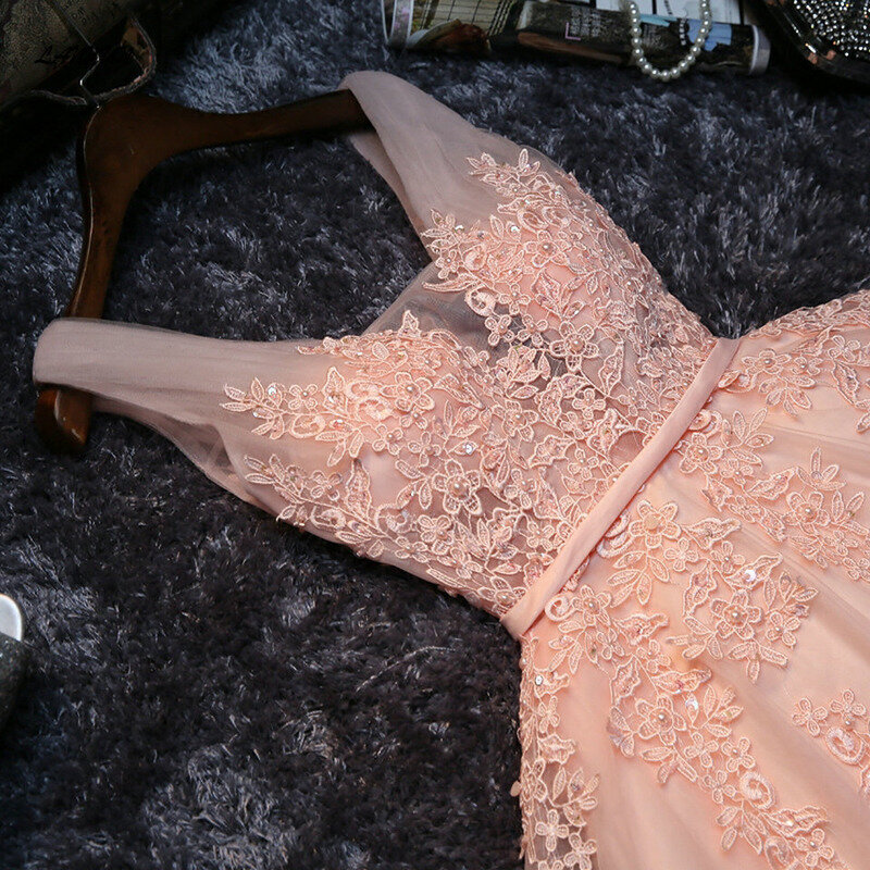 Элегантное жемчужное розовое платье LANMU, сексуальное платье для выпускного вечера, короткое платье с V-образным вырезом и аппликацией, украшенное бисером, со шнуровкой, до колена