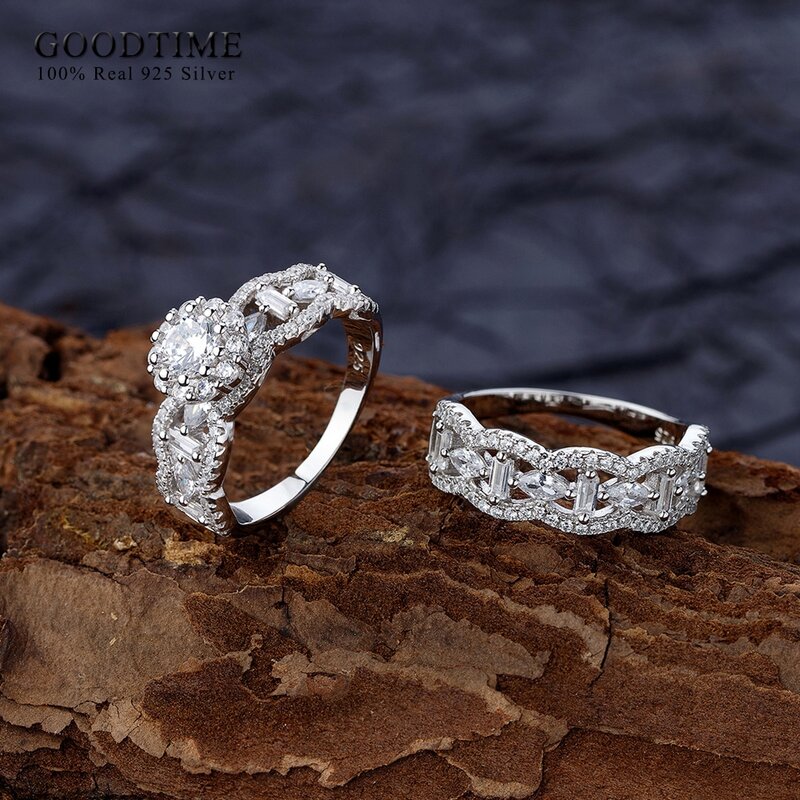 Mewah Murni 100% 925 perak murni Set cincin wanita zirkon cincin pertunangan pernikahan pengantin Band ulang tahun perhiasan hadiah