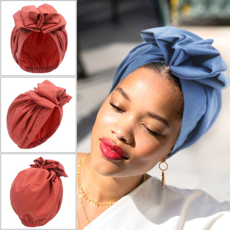 Turbante Retro elegante para mujer, para la cabeza pañuelo musulmán, gorros de Color sólido, tocado africano