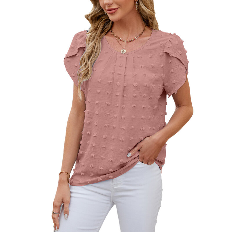 Women Short Sleeve Chiffon Tops for Summer Solid Round Neck