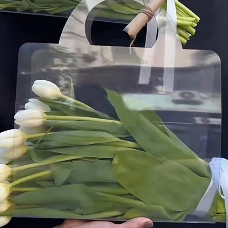 1Pc Transparent PET Fresh Flower Bouquet Handbag Flowers Wrapping Handbag Festivals Party Rose Package Portable Packing Bag