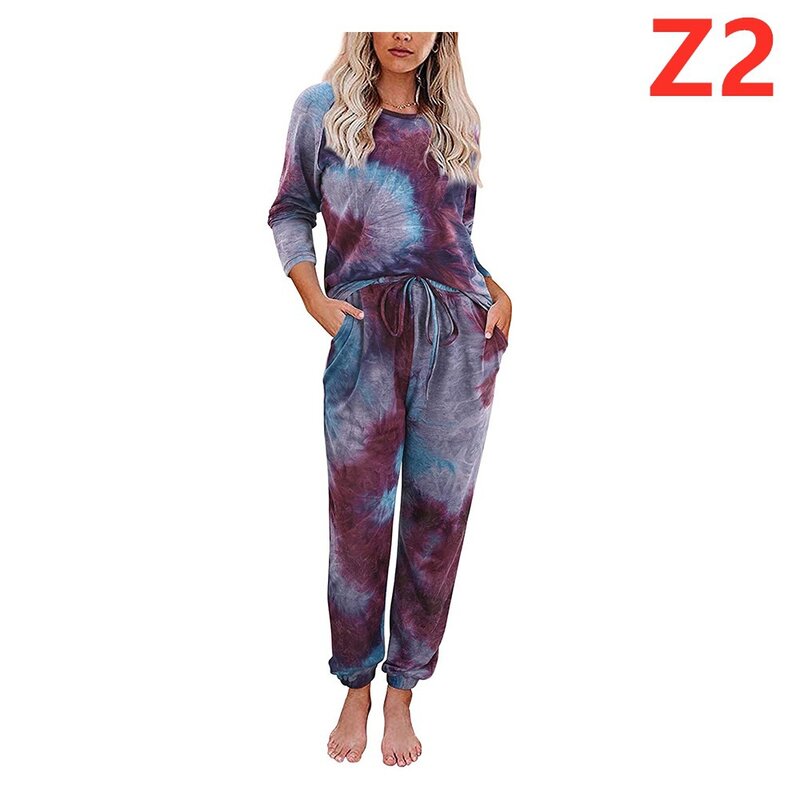 2023 Outward Wear Household Suit Women's Tie Dye Printed Long Sleeved Trousers Split Pajamas in Autumn and Winter Female Pants