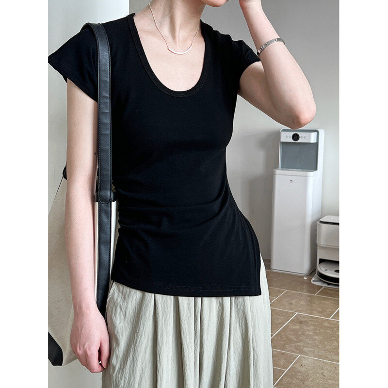 Summer U Neck Side Split Folded Waist T-shirt Women 92% Cotton Slim Short Sleeve Basic Tops