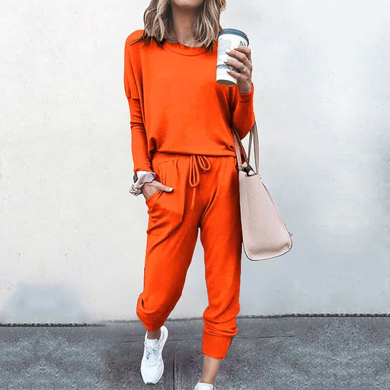 Women's Two Piece Suit Solid Color Casual Long Sleeve Tops Matching Simplicity Pants Sets Fashion Sports Suits