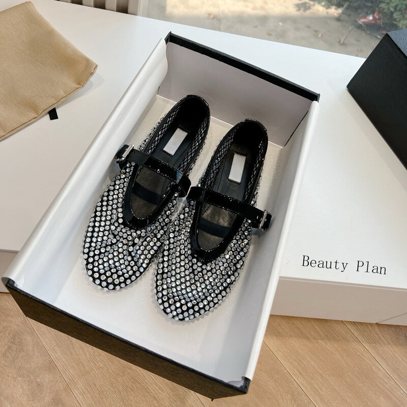 Women's Round Toe Simple Rhinestone Hollow Leather Buckle Black Sandals,Daily Simple Casual Women's Shoes, Glamorous Flat Summer
