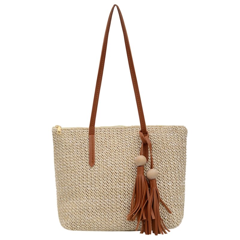 Bolso de hombro de paja Simple para mujer, bolso de mano con borlas, bolso de playa, bolso de compras con cremallera, bolso de mensajero de viaje de moda