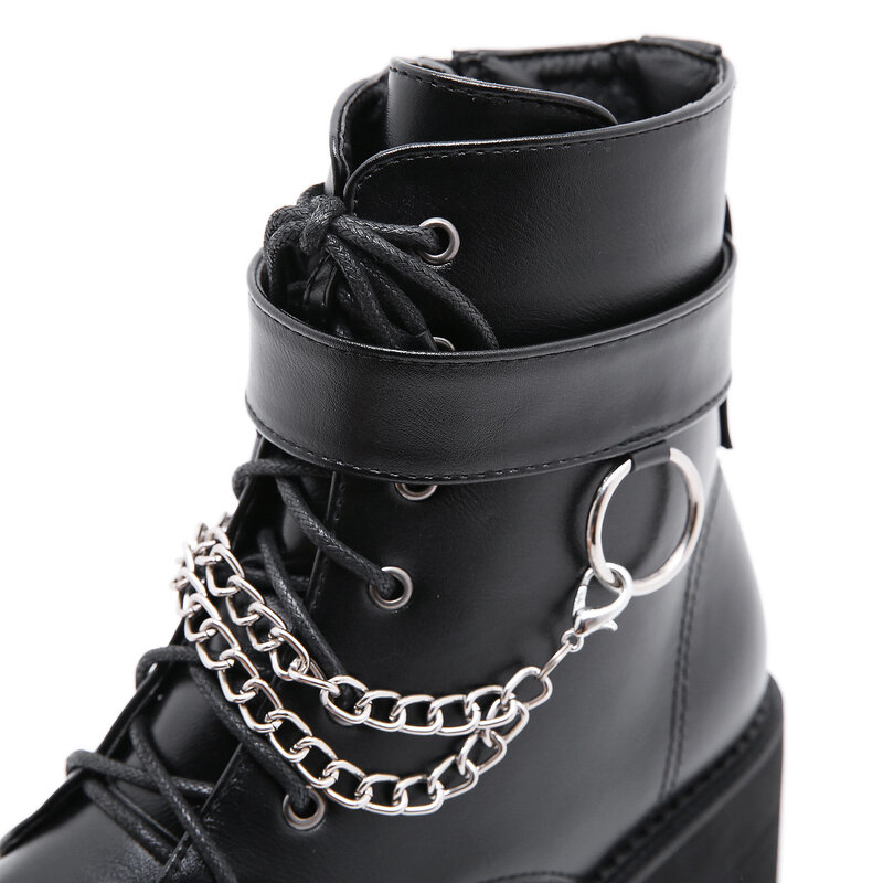 New Sexy Chain Women Leather Autumn Boots Block Heel Gothic Black Punk Style Platform Shoes Calçado Feminino de alta qualidade
