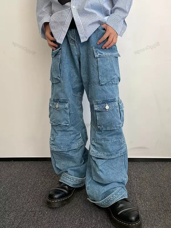 Celana Kargo Amerika Baru Jeans Wanita Pinggang Tinggi Longgar Jalan Retro Harajuku Pasangan Gaya Y2K Celana Mengepel Pakaian Pemuda