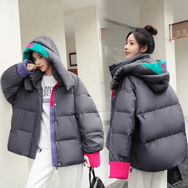 Jaqueta coreana acolchoada com capuz feminino, casaco de algodão, Parkas grossas e quentes, outwear casual solto, zíper feminino, inverno, novo, 2023