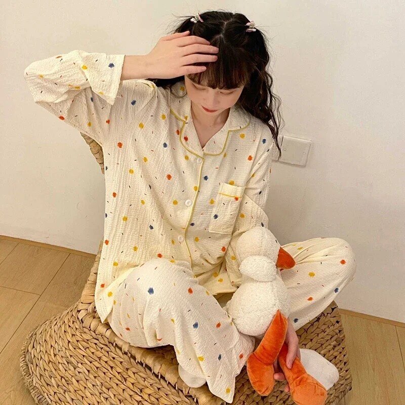 Conjuntos de pijama feminino manga comprida com estampa de algodão, terno coreano, roupa doméstica solta, primavera, outono, 2022