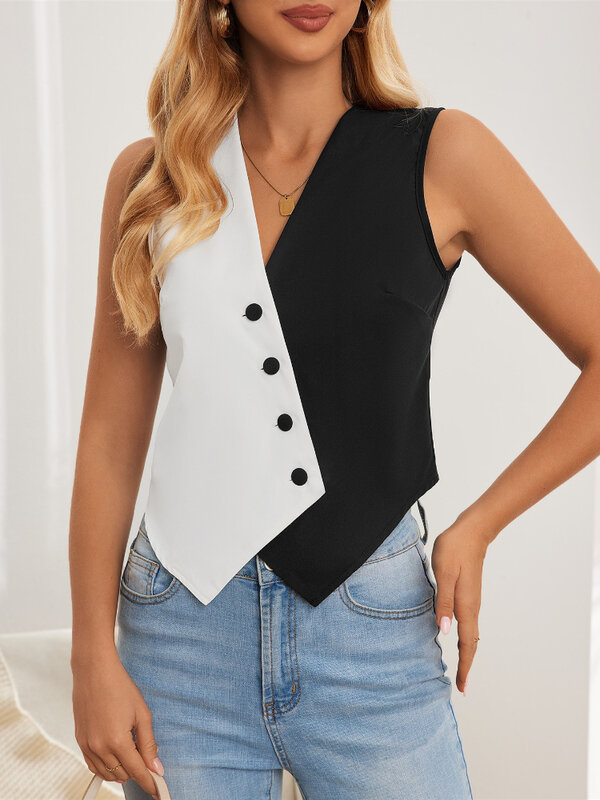 Vests Women Slim Fit Tops V Neck Sleeveless Regular Casual Elegant Splice Short Vest Top Coats Single Breasted Jackets 2024