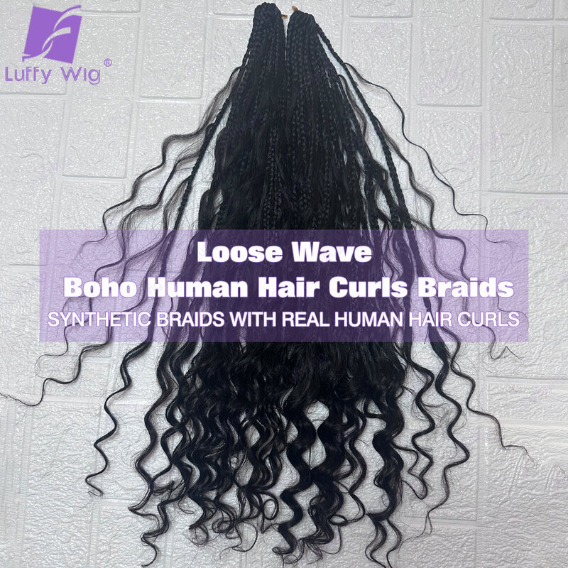 Lose Welle Göttin Boho Box Zöpfe häkeln menschliches Haar mit lockigen Enden synthetisches Geflecht mit menschlichem Haar Locken für schwarze Frauen 24"