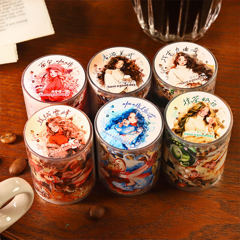 ペットコーヒーシリーズ装飾テープ、かわいい、レトロ、女の子、ロットあたり6個