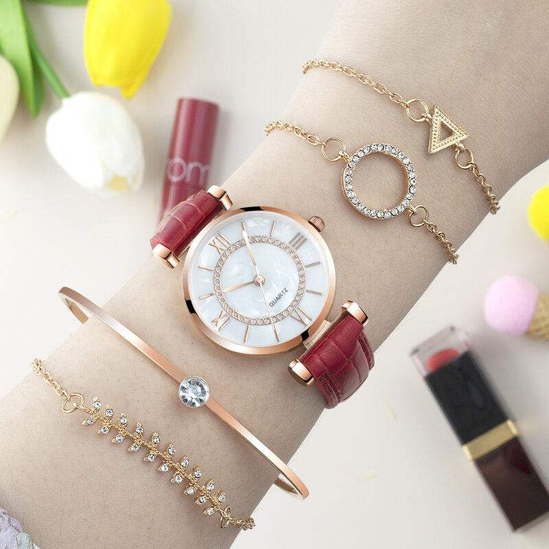 5Pcs Vrouwen Horloge Set Vrouw Casual Quartz Horloge Lederen Armband Luxe Horloge 2022 Gift Voor Vriendin Relogio Femenino