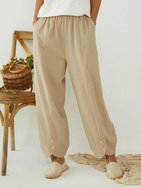 Women's Clothing Cotton Linen Trousers Summer Pocket Solid Color Button Casual Pants Pantalones De Mujer Women Vintage Trousers