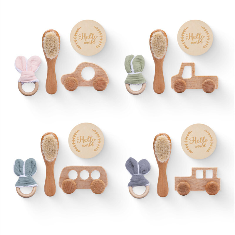 Baby Milestone Cards Photography Accessories BPA Free Wooden Cars Teether Toys Baby Bath Brush Wooden Ring Cotton Teether Toys