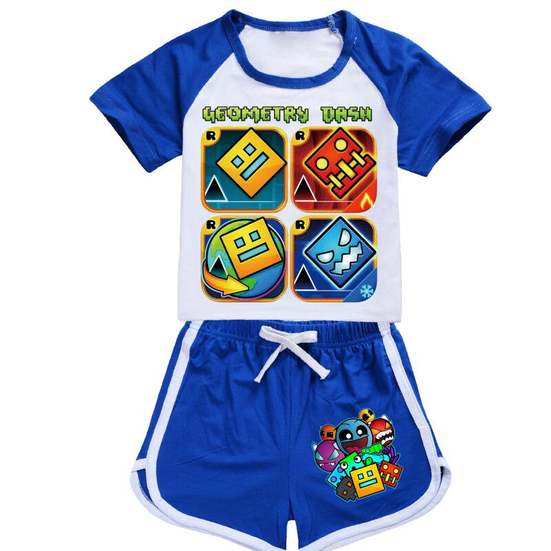 게임 기하학 대시 의류 어린이 만화 운동복, 유아 소년 여름 복장, 아기 소녀 반팔 티셔츠 및 반바지 2 개 세트