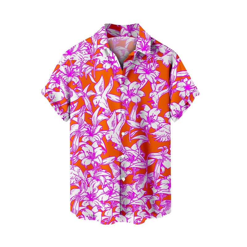 Camisa havaiana masculina, camisa casual, camisa de praia, manga curta, flor, plantas, lapela, roupas havaianas de férias, vestuário, verão