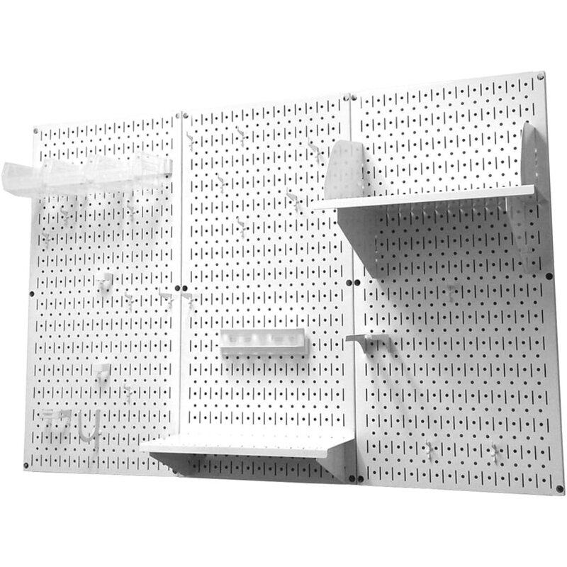 Pengatur papan Pegboard kontrol dinding 4 kaki. Papan tempel logam Kit penyimpanan alat standar dengan papan alat putih dan aksesori putih