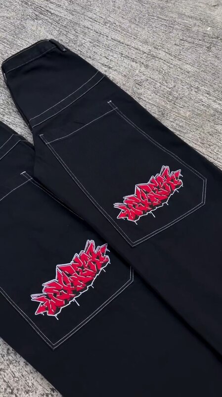 Pantalon de Skateboard Noir pour Homme et Femme, Jean Baggy Brodé Graphique, Streetwear, Taille Haute, Large, Harajuku, Y2K