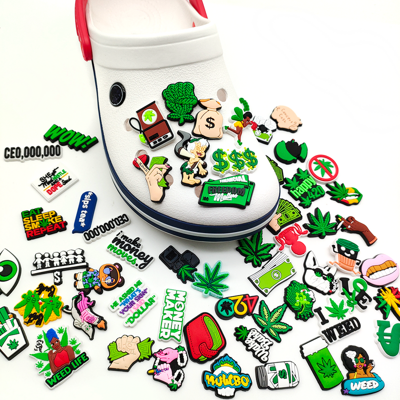 58Pcs/Set Cartoon Green Weed Shoe Charms DIY Shoe Aceessories Clogs Sandals Decorate Buckle PVC Unisex Adult Croc Charms Jibz